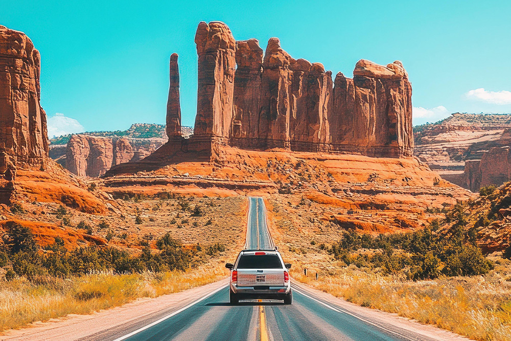 A truck drives down a straight road through the beautiful desert canyons of the American Southwest.